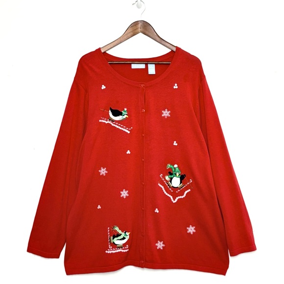 Festive Red Penguins Skiing Embroidered Christmas Cardigan Sweater Size 2X - Picture 1 of 8